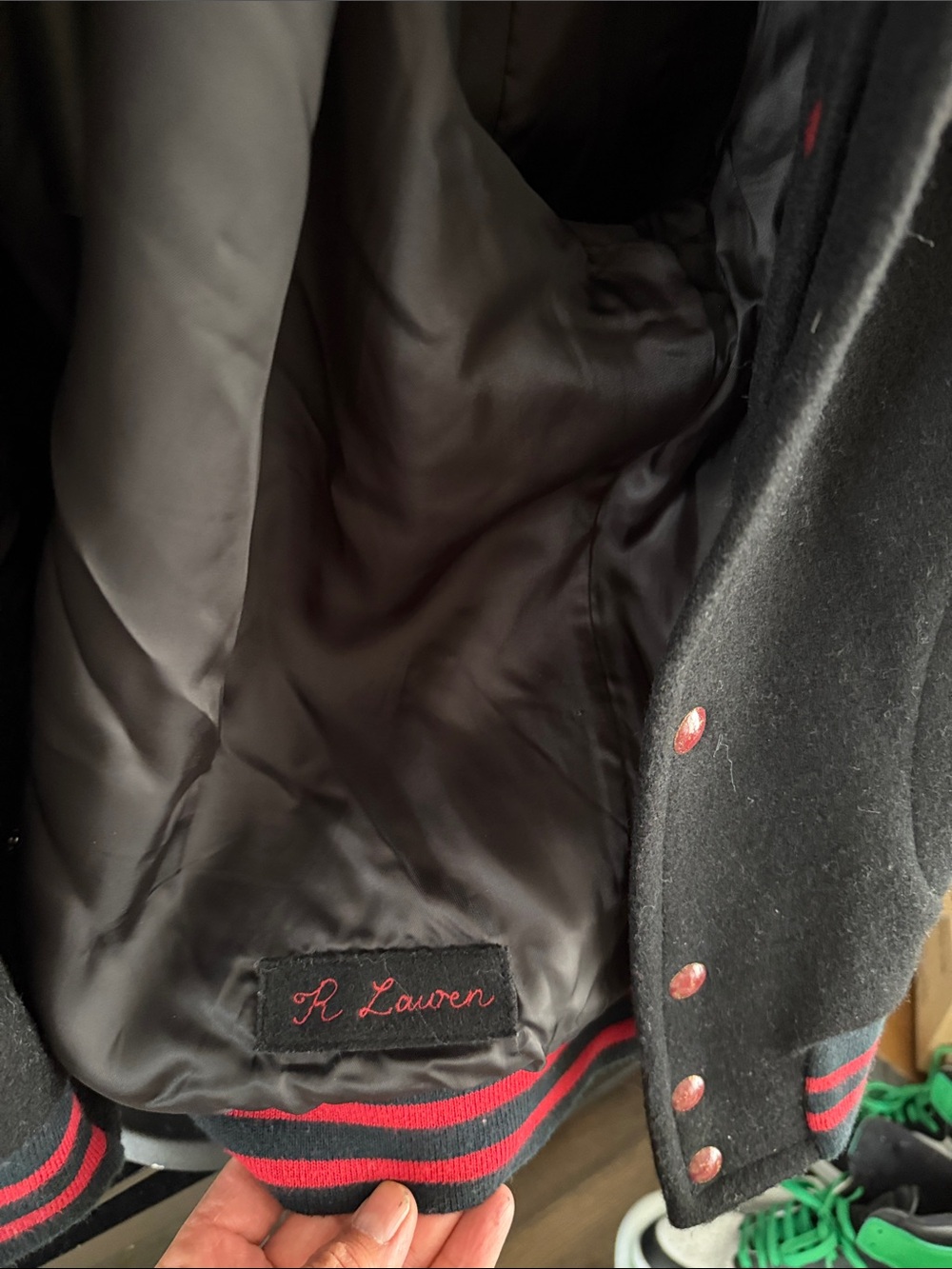Polo Ralph Lauren Black Wool Varsity Jacket with Distressed Leather Sleeves - Picture 3 of 5